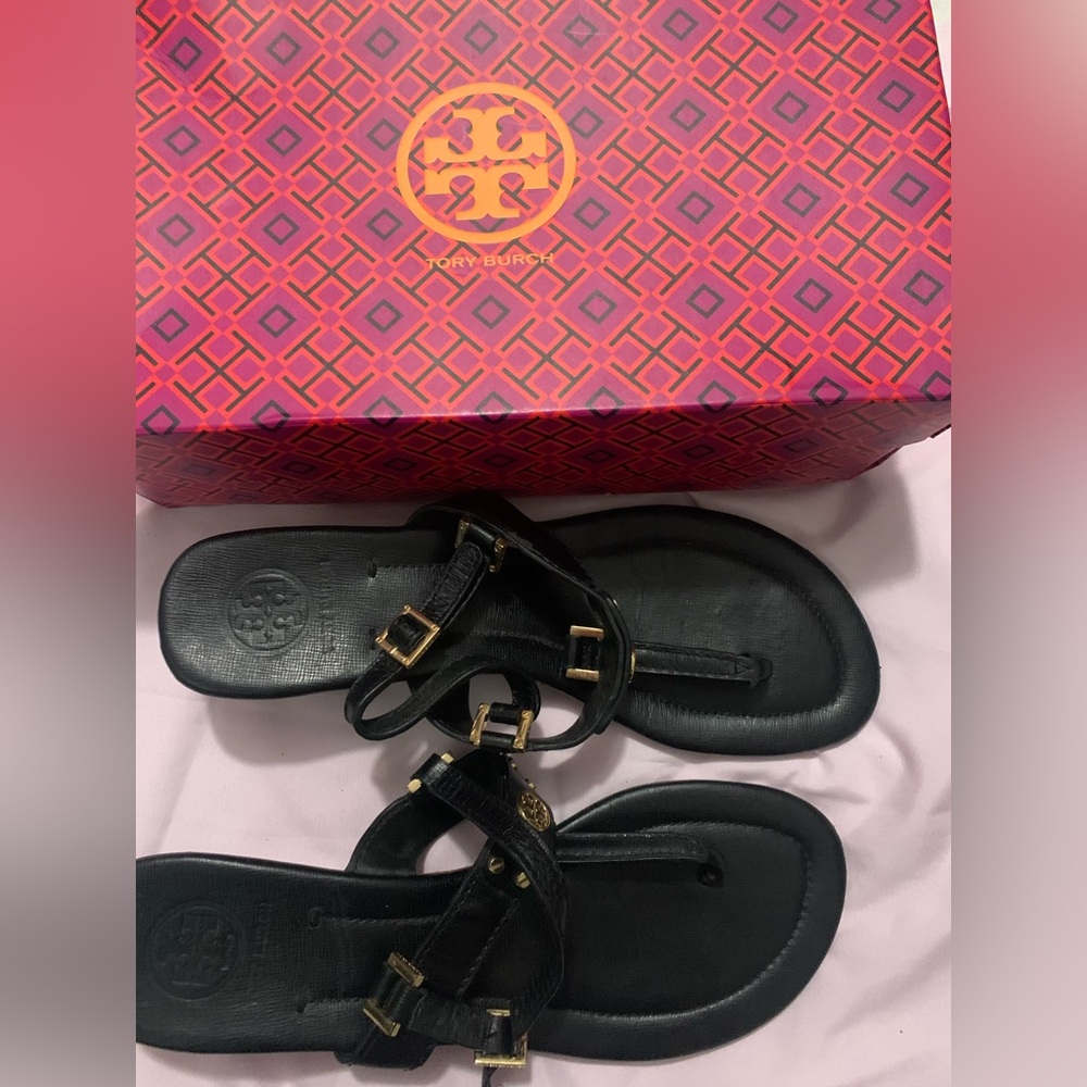 Tory Burch Black Sandals with Gold Buckles